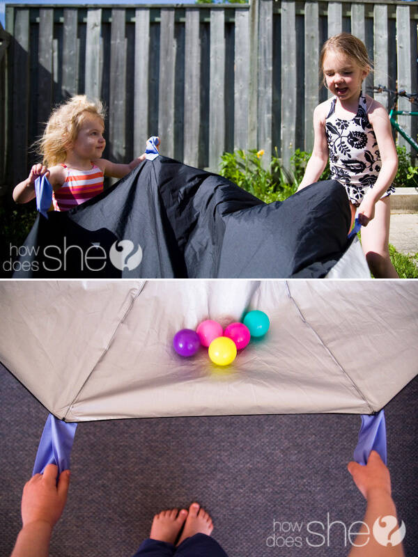 Turn a broken umbrella into one of those ginormous kid parachute things. 