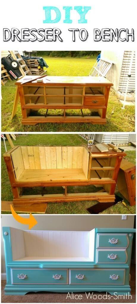 Turn an old dresser into a bench. 