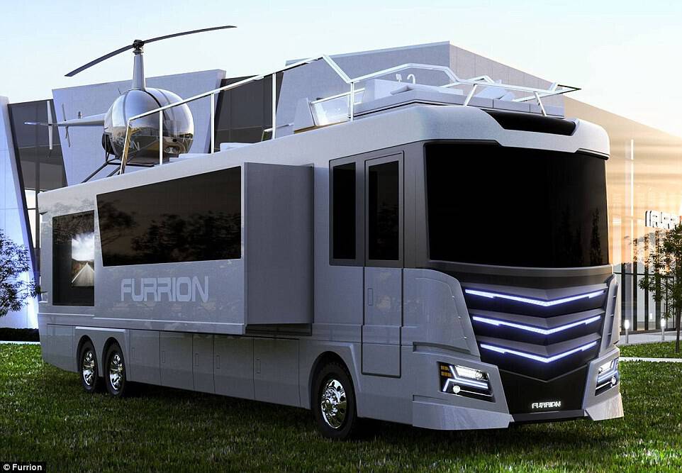 The Elsium RV is a 45ft long, eight-foot wide motor home that comes with its own rooftop hot tub and a two-seater helicopter 