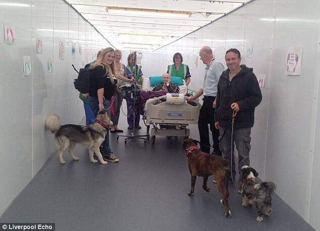 Jess, centre, receives a visit from her family and three dogs while staying in Alder Hey Hospital, Liverpool