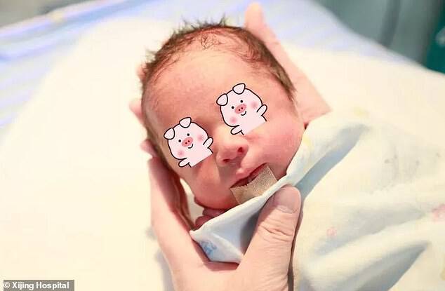 The boy was bornÂ at 6.19pm on Sunday at Xijing Hospital in Xi'an, north-west China. Doctors say he was healthy and weighedÂ four pounds and 6.5 ounces (two kilograms). The hospital released a picture of the baby (face purposefully obscured) today to announce the good news